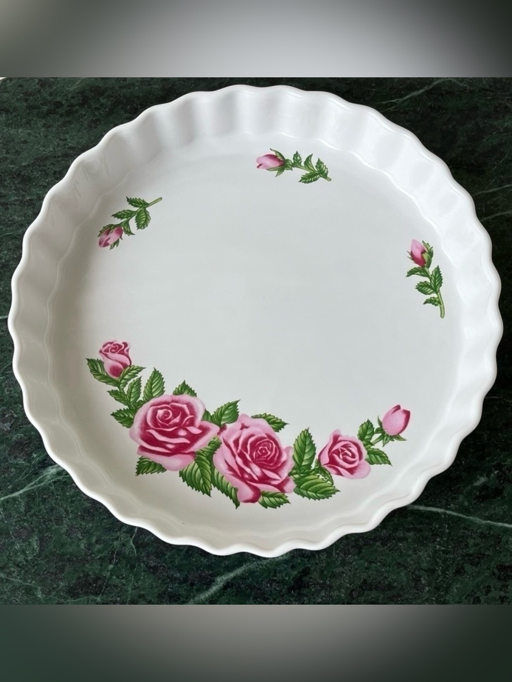Christineholm Quiche Baking Dish White With Pink Roses.  New In Box.